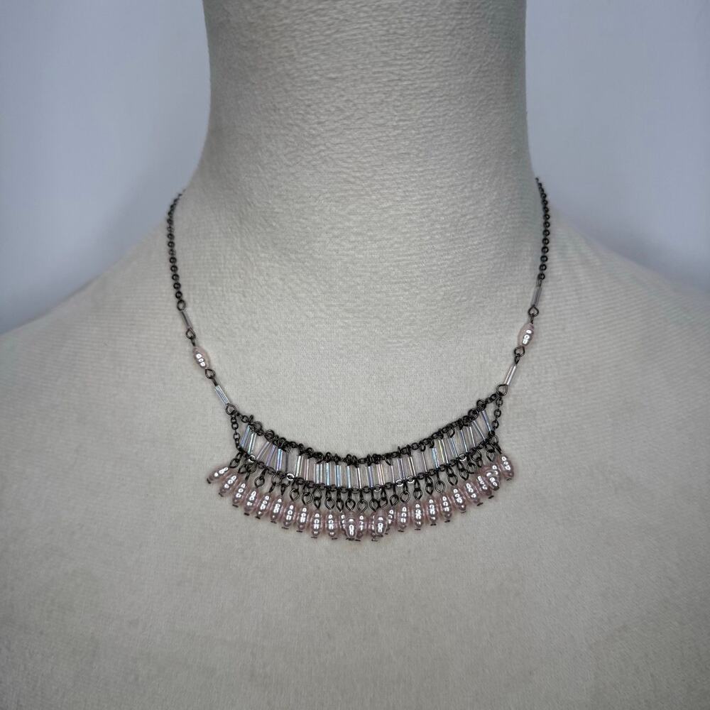 Pink beaded gunmetal necklace Y2K